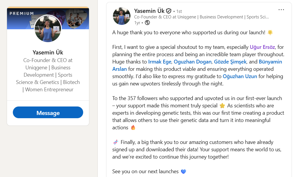 LinkedIn post recognizing Product Hunt launch coordination